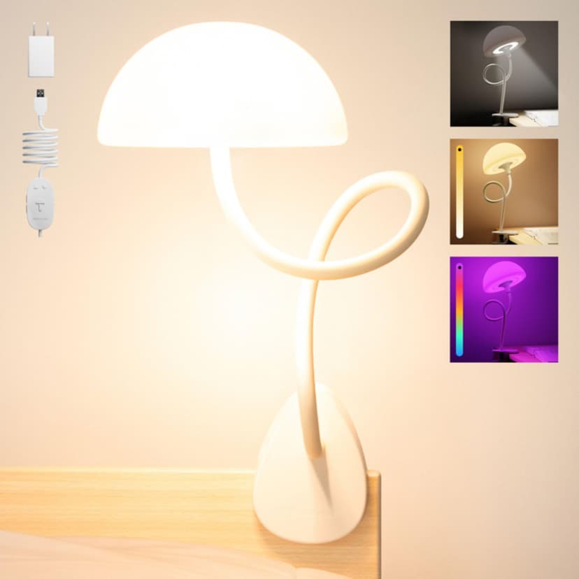 Shroommate Dorm Room Essential Clip On Bed Light - Headboard and Bedside Table Lamp, Flexible Reading Lamp, Night Light for Kids Nursery, Clip on for Desk, MultiColor LEDs, Adapter Included (White)