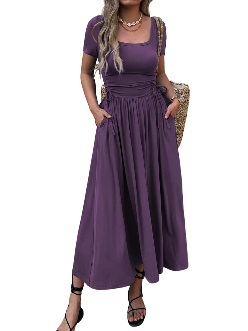 Mieazom Women’s Short Sleeve Maxi Dress Bodycon Long Dress Adjustable Waist Flowy Hem Stretch Casual Dresses with Pockets