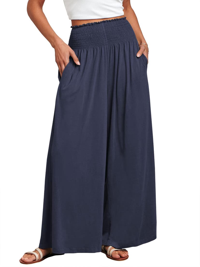 ANRABESS Women Palazzo Pants Summer Boho Bagyy Wide Leg High Smocked Waist Casual Loose Lounge Pant with Pocket