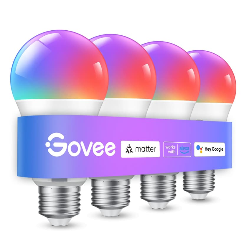 Govee Smart Light Bulbs, A19 Color Changing Light Bulb, 800 LM, E26 Base | Works with Matter, Alexa and Google Assistant, 16 Million Colors RGBWW, WiFi & Bluetooth LED Light Bulbs, Music Sync, 4 Pack