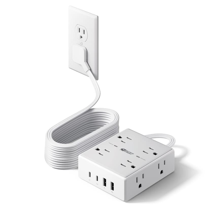 15Ft Long Extension Cord, Surge Protector Power Strip with 8 Outlets & 4 USB Ports (2 USB C), Flat Plug Power Strip Wall Mountable, Desk Charging Station for Home Office, College Dorm Room Essentials