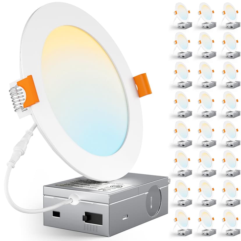 CHARKEE 24 Pack 6 Inch 5CCT Ultra-Thin LED Recessed Ceiling Light with Junction Box, 2700K-5000K, 1050LM High Brightness, Dimmable Canless Wafer Downlight,12W Eqv 110W, ETL & Energy Star & FCC
