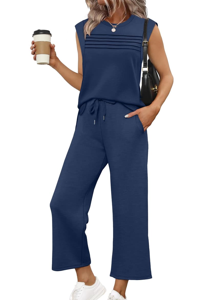 WIHOLL Two Piece Sets for Women Summer Spring Lounge Sets Travel Vacation Outfits Cap Sleeve Side Slit Wide Leg Pants S-3XL