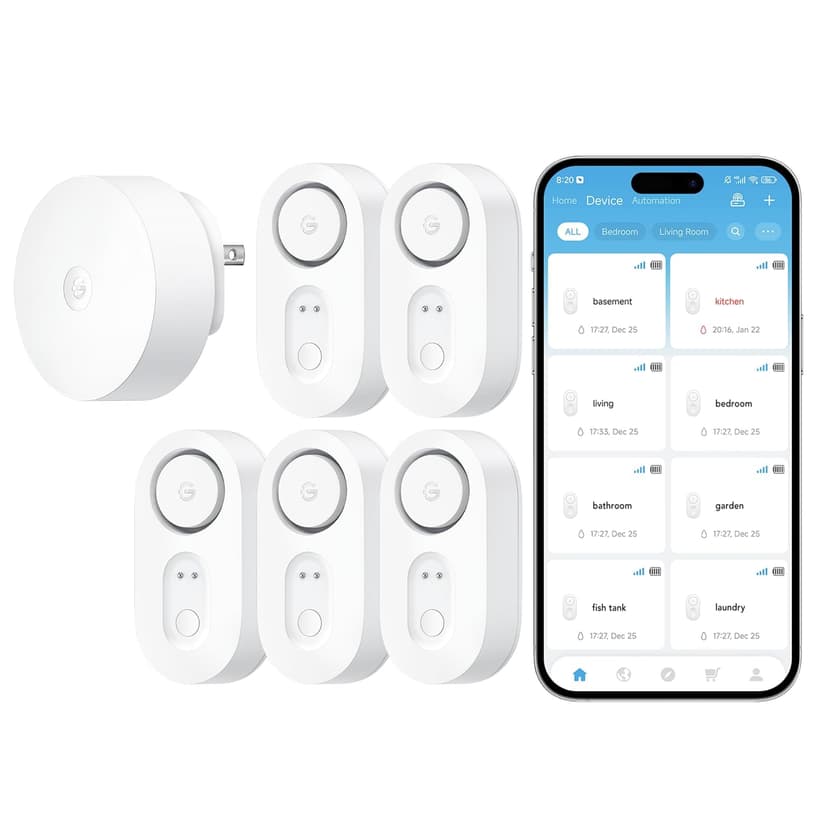 GoveeLife Upgraded Smart Water Leak Detector 1s with High Alarm, 5 Pack | 1804ft Ultra-Long Range, WiFi Water Sensor with SMS/Email/APP Push, 5Yr Battery Life,IP67, Suit for Home, Basement, Kitchen