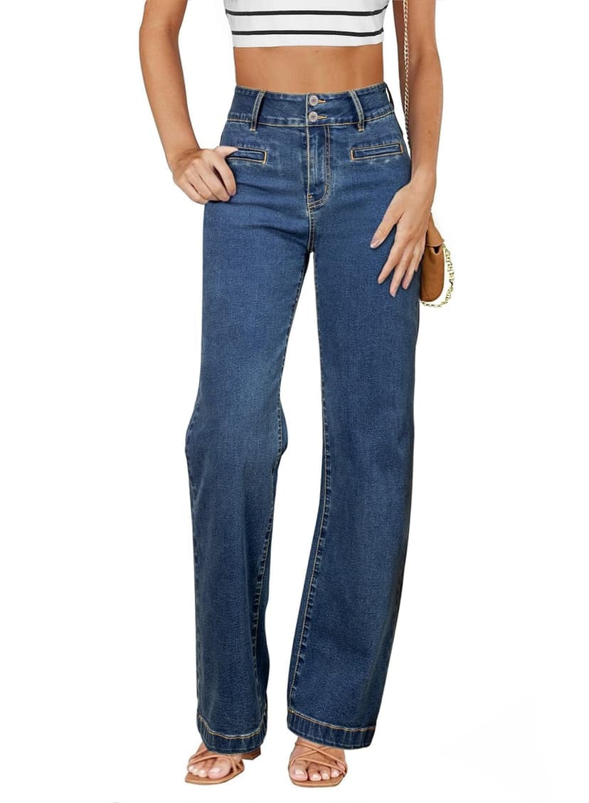 Sidefeel Jeans for Women High Waisted Straight Leg Denim Pants | Soft Stretchy Denim, Dual Button Closure, Full Length, Relaxed Fit Wide Leg Jeans with Pockets, Dressy Casual Wear