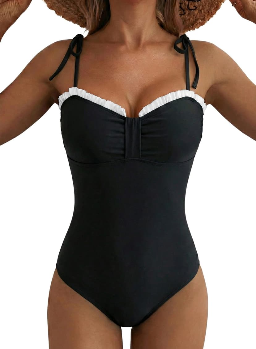 Herseas Women’s Striped One Piece Swimsuits Tie Shoulder High Cut Tummy Control Bathing Suit 2026 Summer Beach Swimwear