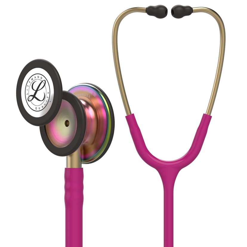 3M Littmann Classic III Monitoring Stethoscope, 5806, More Than 2X as Loud, Weighs Less, Stainless Steel Rainbow-Finish Chestpiece, 27" Raspberry Tube, Brass Stem and Headset | Stainless Steel Rainbow