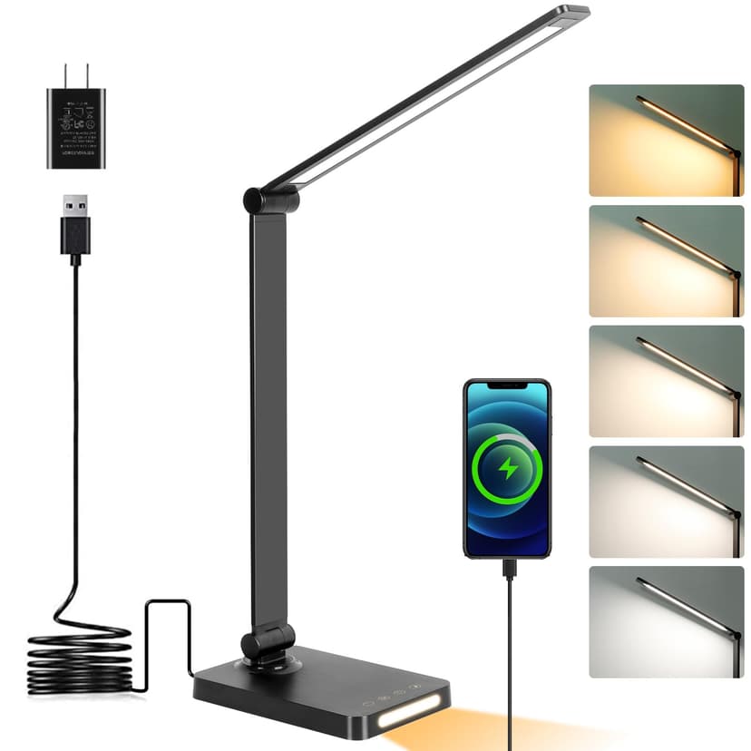 LED Desk Lamp with USB Ports,Touch Desk Lamps for Home Office with 5 Modes | 3 Brightness Desk Light with Small Night Light,Reading Lamp Table Lamp for Bedroom Bedside Study Black （with adapter）