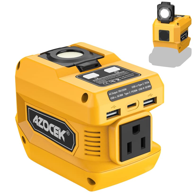 Azocek 220W Power Inverter Compatible with Dewalt 20V Battery | Battery not included, DC 20V to AC 110V, 2 USB Ports & 1 Type-C Fast Charging, 400LM LED Work Light