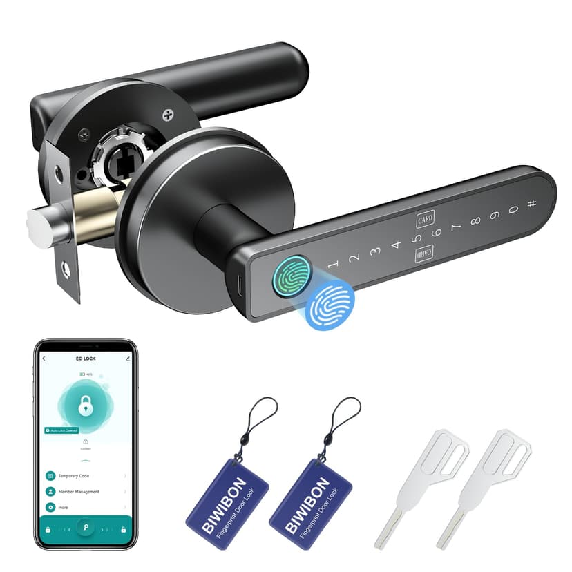 BIWIBON Fingerprint Door Lock – Fingerprint Door Knob with 5 Unlock Options, Anti-Peep Code, Adjustable Auto-Lock, Inside Lock, for Home, Office, Apartment, Bedroom – Black