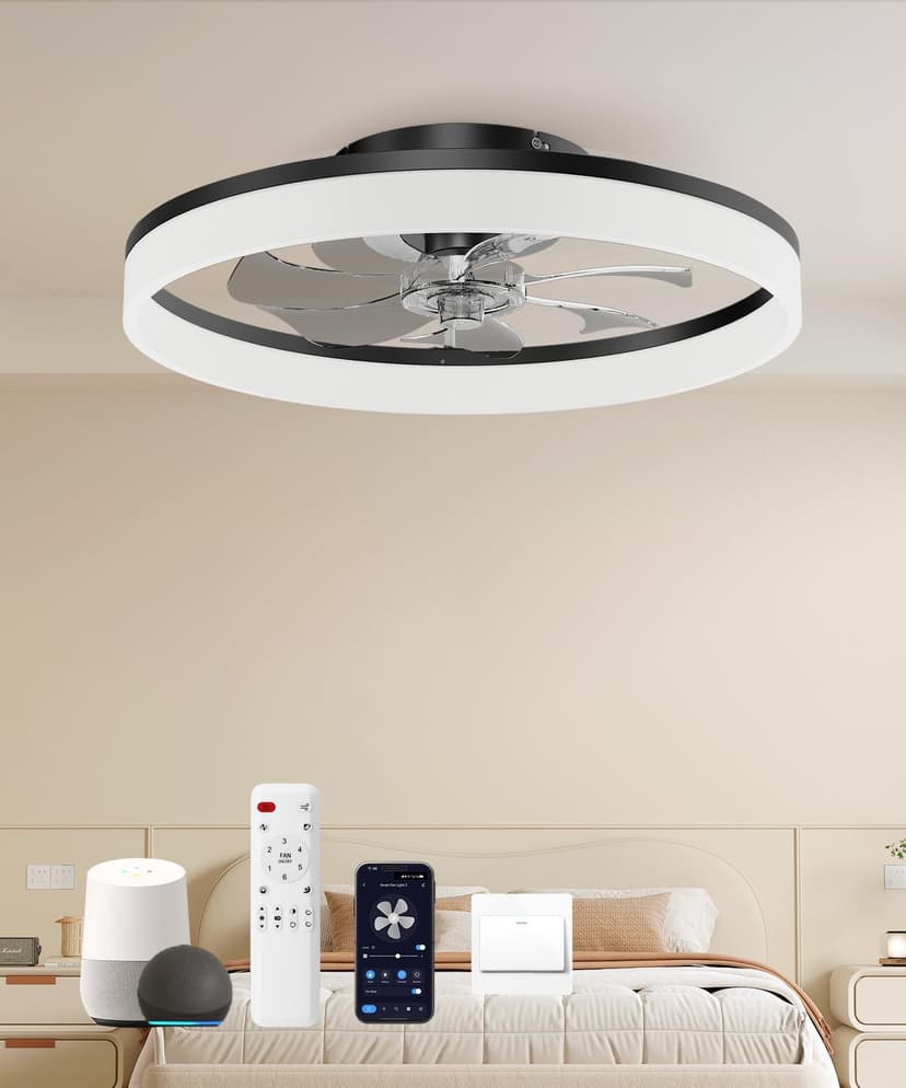 FancyMay Smart Ceiling Fans with Light and Remote,20" Low Profile Ceiling Fan with 6-Speed & Dimmable LED, Alexa/APP Home Voice Control, App, Reversible Airflow, App Timer, for Bedroom（Black）