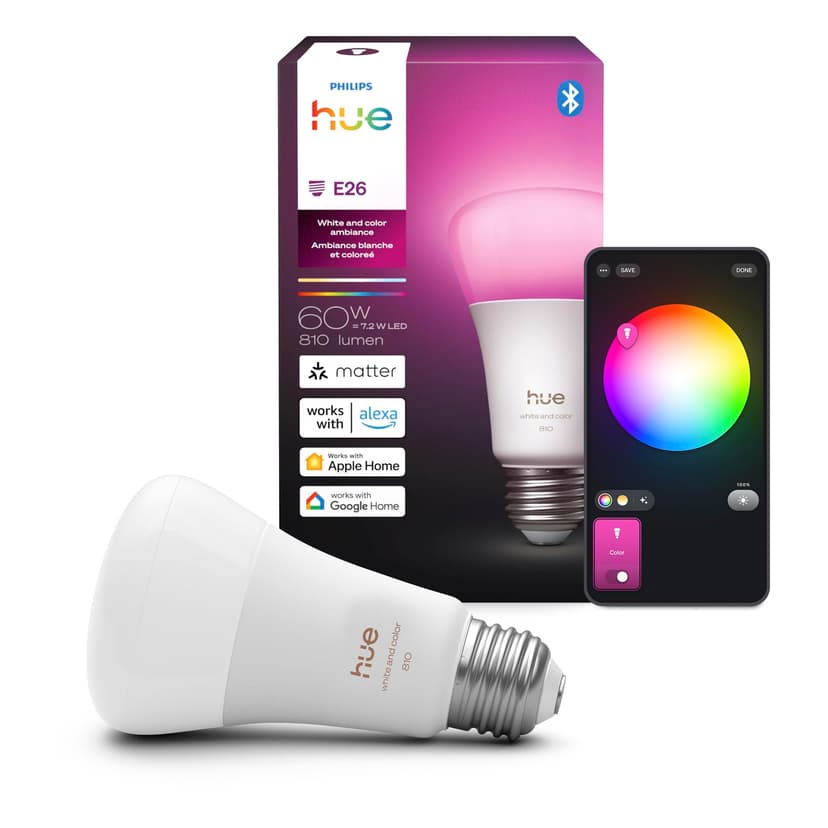 Philips Hue Smart LED A19 Bulb 1-Pack, White & Color Ambiance, E26 Base, 7.2W, Full Spectrum Light 1000K-20000K, 810 Lumens, Dimmable, Works with Alexa, Google, & Apple Home