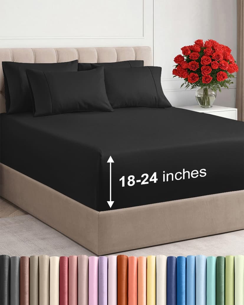 Extra Deep Queen Sheet Set - 6 Piece Breathable and Cooling Sheets - Black | Hotel Luxury Bed Sheets Set, Easy & Secure Fit, Ultra-Soft, Wrinkle & Fade Free, Comfy Sheets Set with Extra Deep Pockets