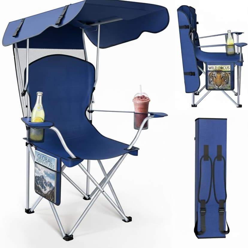 CozyBox Portable Folding Camping Chairs with Canopy Shade, Beach Chair for Adults, Durable Weather Resistant 600D Oxford Cloth, Camping Chair with Canopy for Outdoors [Navy]