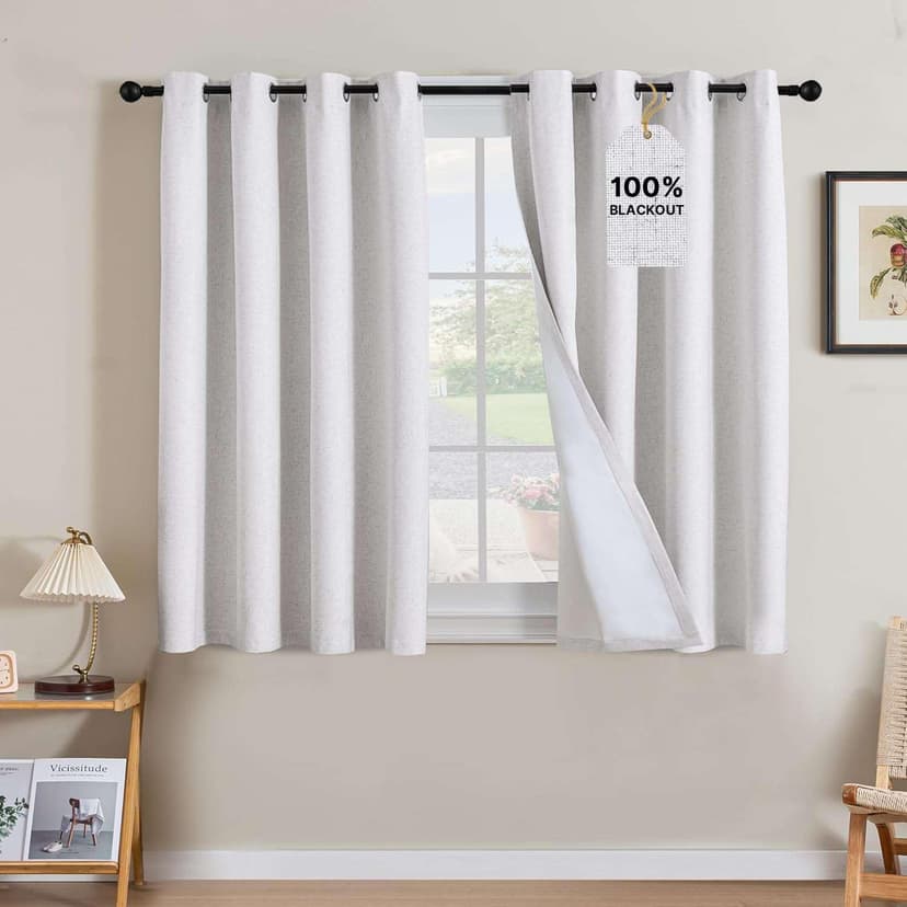 H.VERSAILTEX 100% Blackout Linen Curtains 45" L 2 Panels Heathered White | Total Black Out Drapes, Room Darkening Thermal Insulated, Grommet, GRS Certified, 52"W x 45"L Each for Bedroom/Living Room