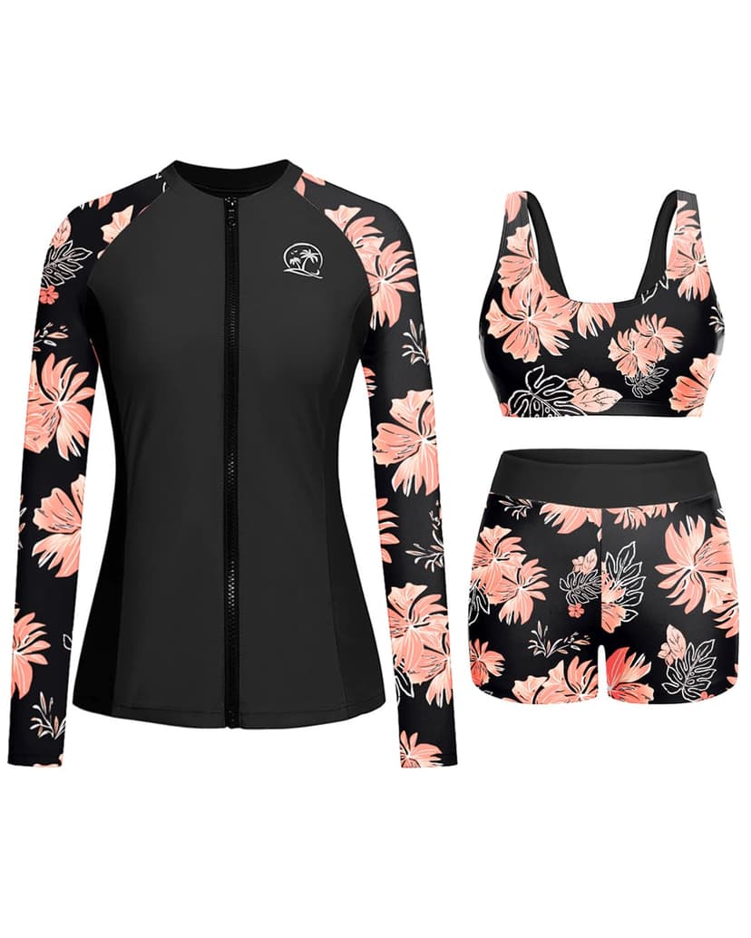 Holipick Long Sleeve Swimsuits for Women - 3 Piece Rash Guard with Shorts Zipper SPF Swim Shirt with Built in Bra
