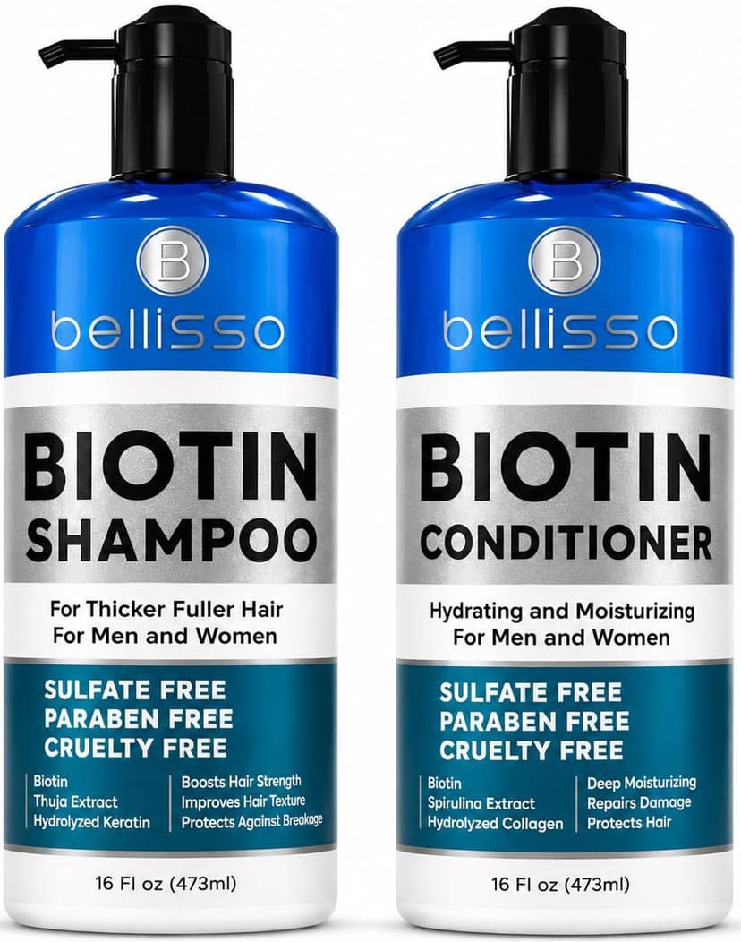 BELLISSO Biotin Shampoo and Conditioner Set - Sulfate & Paraben Free | Hair Thickening & Volumizing with Added Keratin to Help Boost Fuller Looking Hair for Men & Women with Fine or Thinning Hair