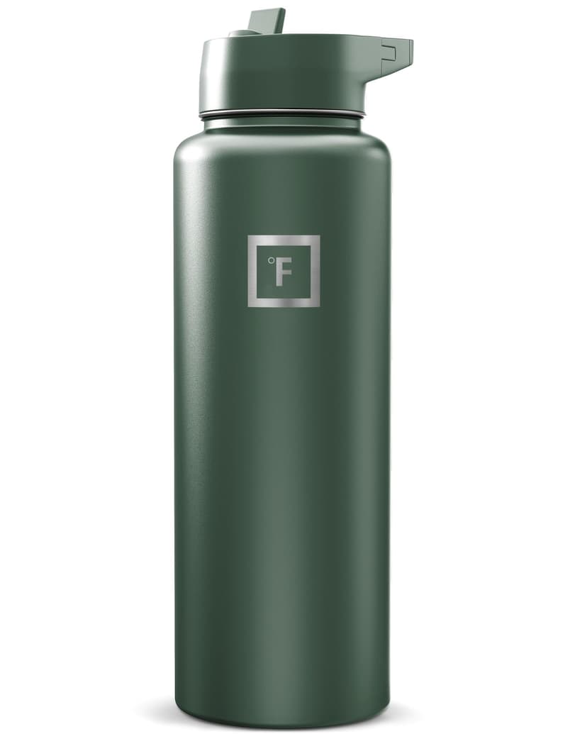 IRON °FLASK Camping & Hiking Hydration Flask with Straw, Wide Mouth Insulated Stainless Steel Sports Water Bottle - Dark Pine 40 oz - Straw (1 Lid)