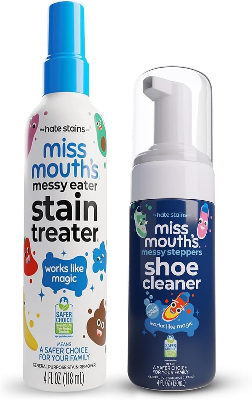 Miss Mouth's Messy Eater Stain Treater and Messy Steppers Shoe Cleaner Magic Duo - Stain Remover for Clothes, Carpet, Upholstery and Shoe Cleaner for Sneakers, Leather, Cloth, Mesh
