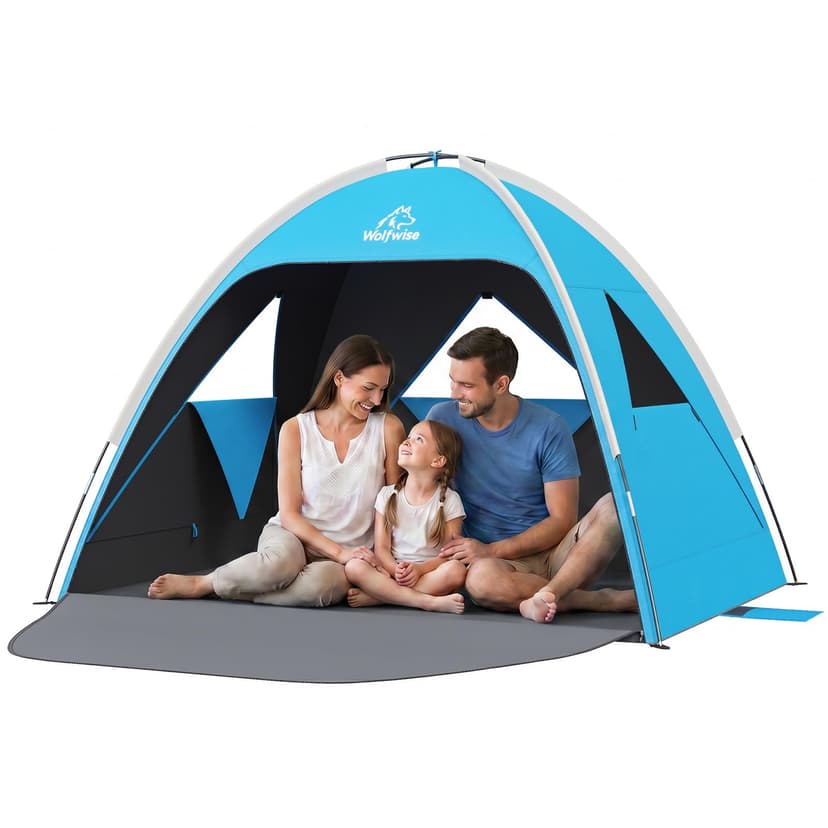 Wolfwise Beach Tent Sun Shelter for 3 Person with UPF 50+ UV Protection, Sun Shade Beach Tents with Extendable Floor for Privacy, 3 Ventilated Mesh Windows, 87 ''x59''x48'', Black Coating