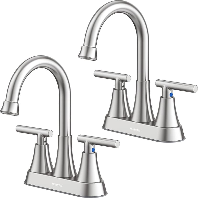 Bathroom Faucet, Hurran 4 inch Centerset 2-Handle Lead-Free, Brushed Nickel | Bathroom Sink Faucet with Pop-up Drain and Supply Lines, Stainless Steel Faucet for Vanity RV Restroom Laundry, 2 Pack