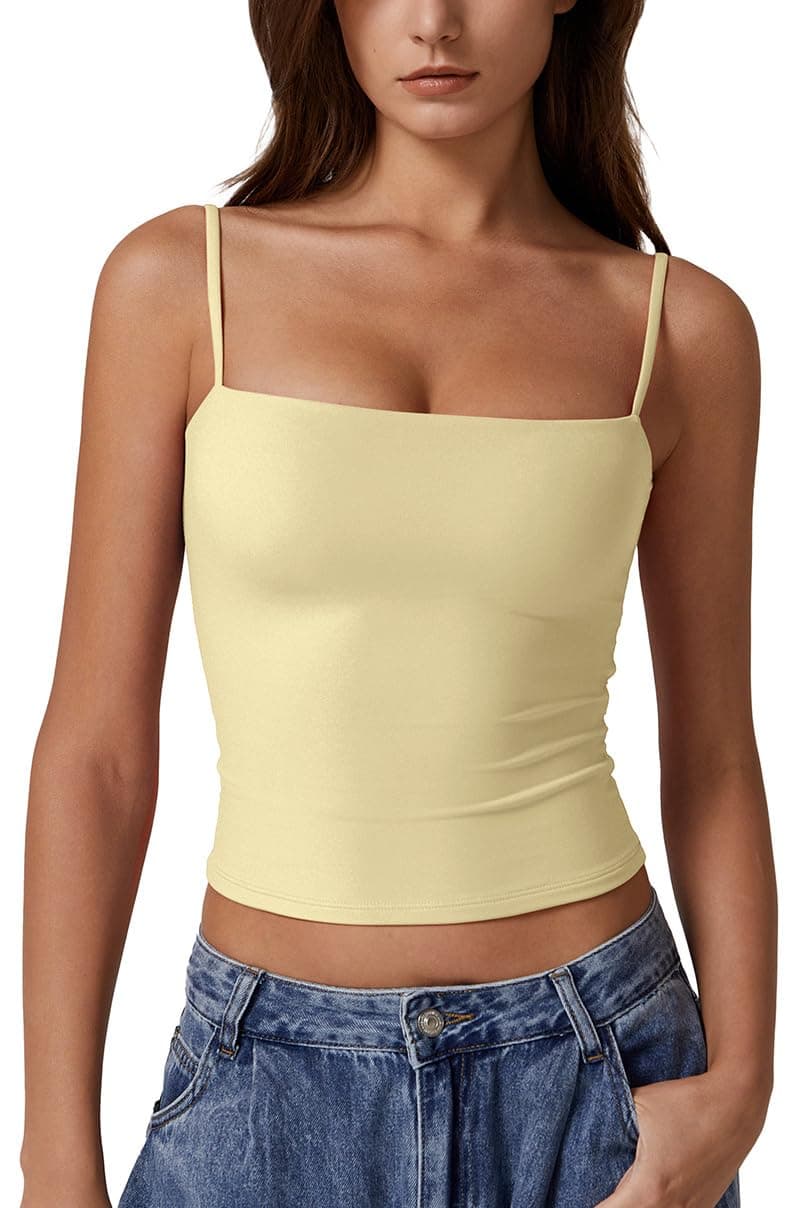 QINSEN Women's Double Lined Basic Tank Top Adjustable Spaghetti Straps Sleeveless Camisole Shirts
