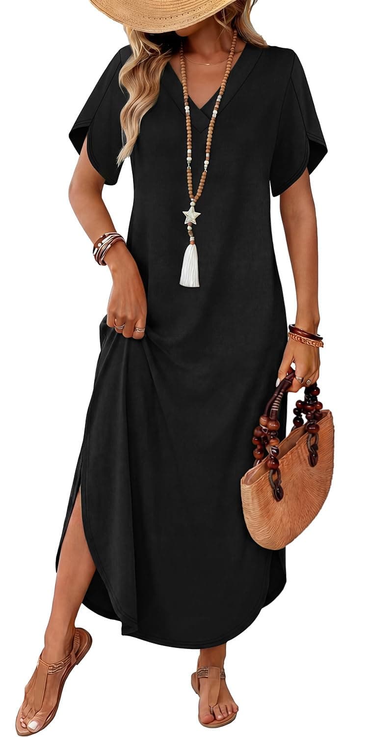WIHOLL Summer Dresses for Women Short Sleeve Maxi Dresses V Neck Sundress with Side Slit Pockets Casual Beach Dress