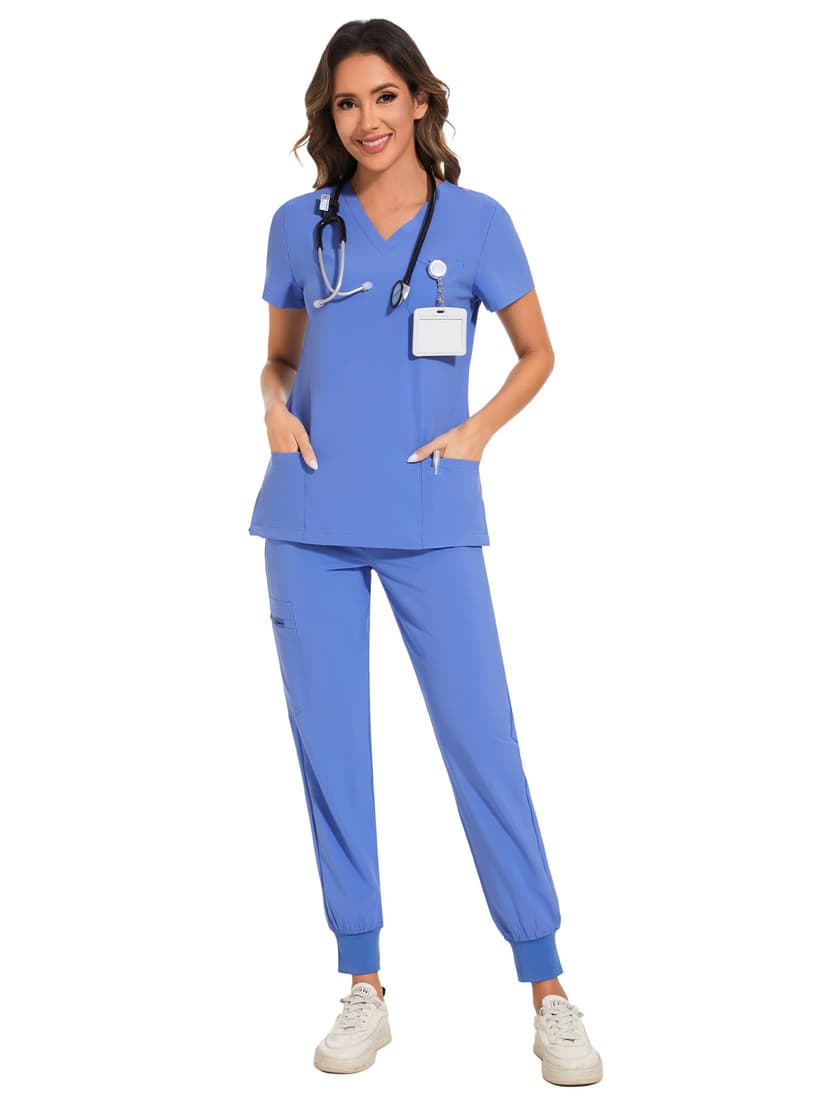 COZYFIT Scrubs for Women Set - Stretch V-Neck & Jogger Pant with 9 Pockets | Yoga Waistband, Water Resistant Workwear, Slim Fit Look, For Nurses, Clinics, Long Shifts, Daily Medical Uniforms