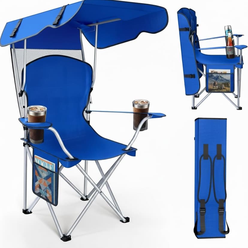 CozyBox Portable Folding Camping Chairs with Canopy Shade, Beach Chair for Adults, Durable Weather Resistant 600D Oxford Cloth, Camping Chair with Canopy for Outdoors [Blue]