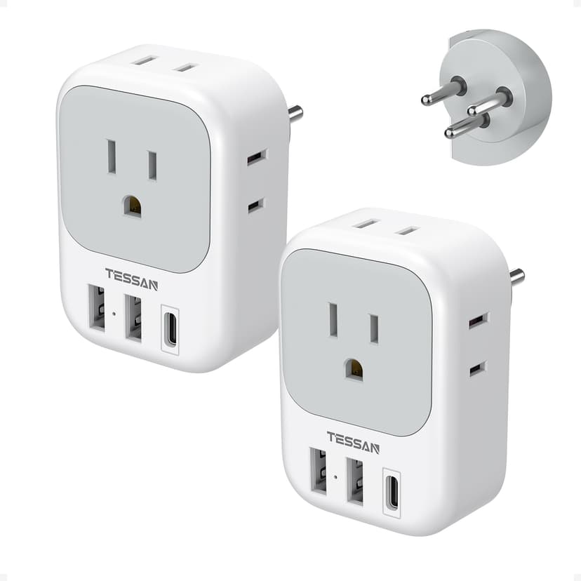 TESSAN Israel Adapter Plug, 2 Pack, Type H Travel Adaptor | US to Israel Power Adapter, 3 USB Ports (1 USB C Port), 4 American Outlets, Type H Travel Adaptor for USA to Jerusalem