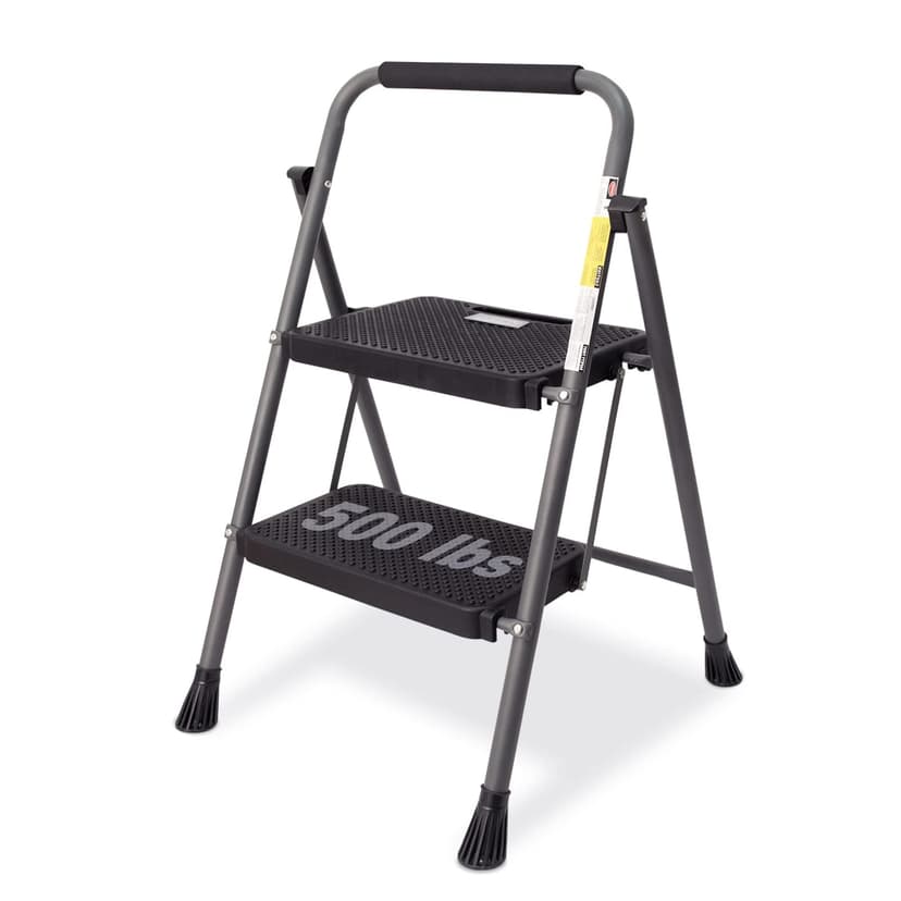 GOLYTON Folding 2-Step Ladder with Anti-Slip Platform and Handrail, Heavy Duty Steel, 500 lbs Capacity, Compact Portable Step Stool for Home, Kitchen & Office Use, Grey
