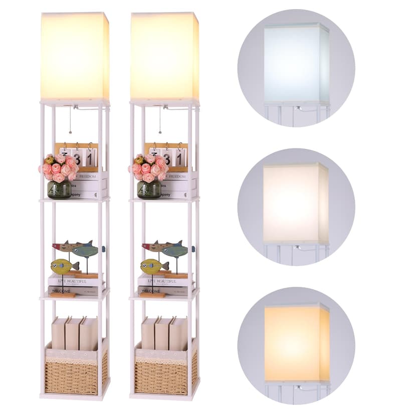 Gupuzm Floor Lamp with Shelves, 4 Layer Square Standing Lamp with 3 Color Temperature Bulb, Corner Display Bookshelf Lamp for Living Room, Bedroom and Office（White-2 Packs）