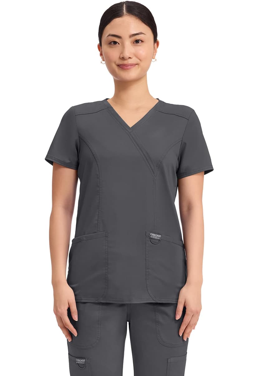 Cherokee WW Revolution Scrub Tops Women Mock Wrap 2 Pockets Nurse Shirt | Slim Fit, Instrument Loop, Soft 2-Way Stretch Fabric, Durable Construction, Side Vents, Easy Care, Breathable, Healthcare Use