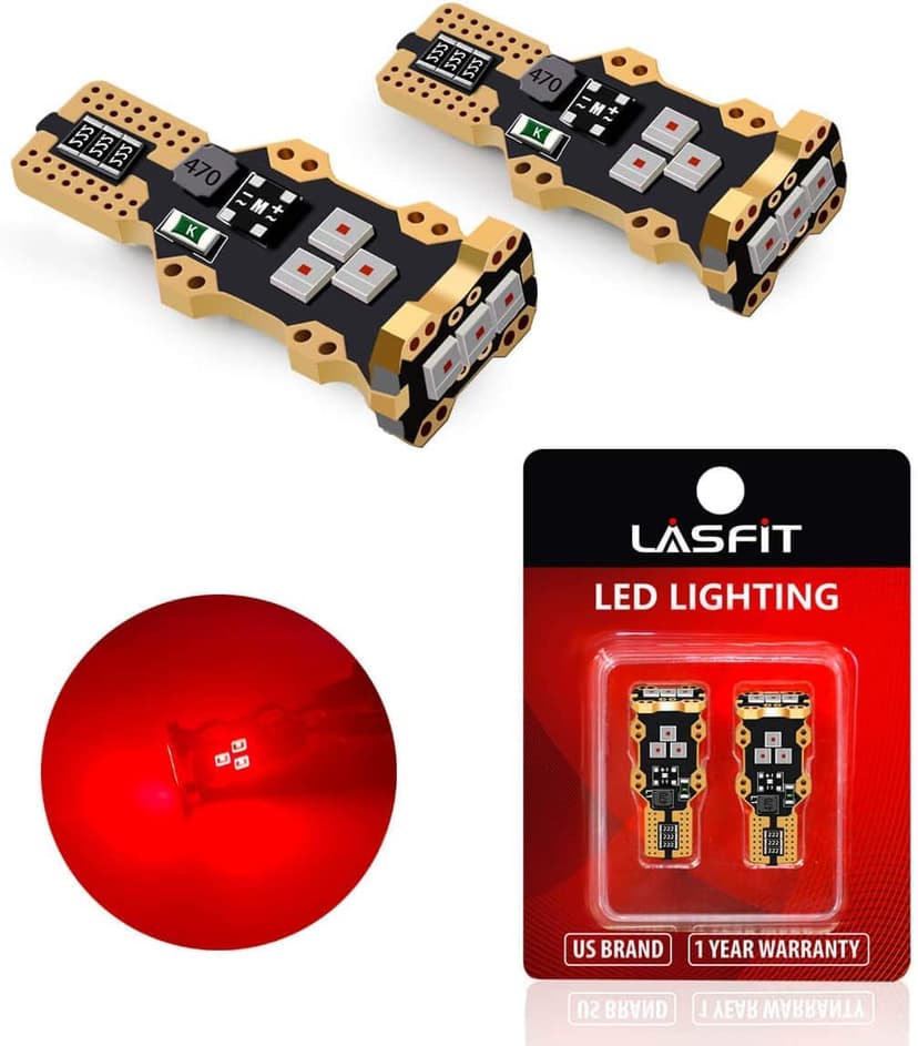 LASFIT 921 LED Bulb Third Brake Center High Mount Stop Light, 912 T15 Red Canbus Error Free 906 904 W16W LED Bulb 3rd Brake Lights For Cars Truck Three Times Brightness, Pack of 2