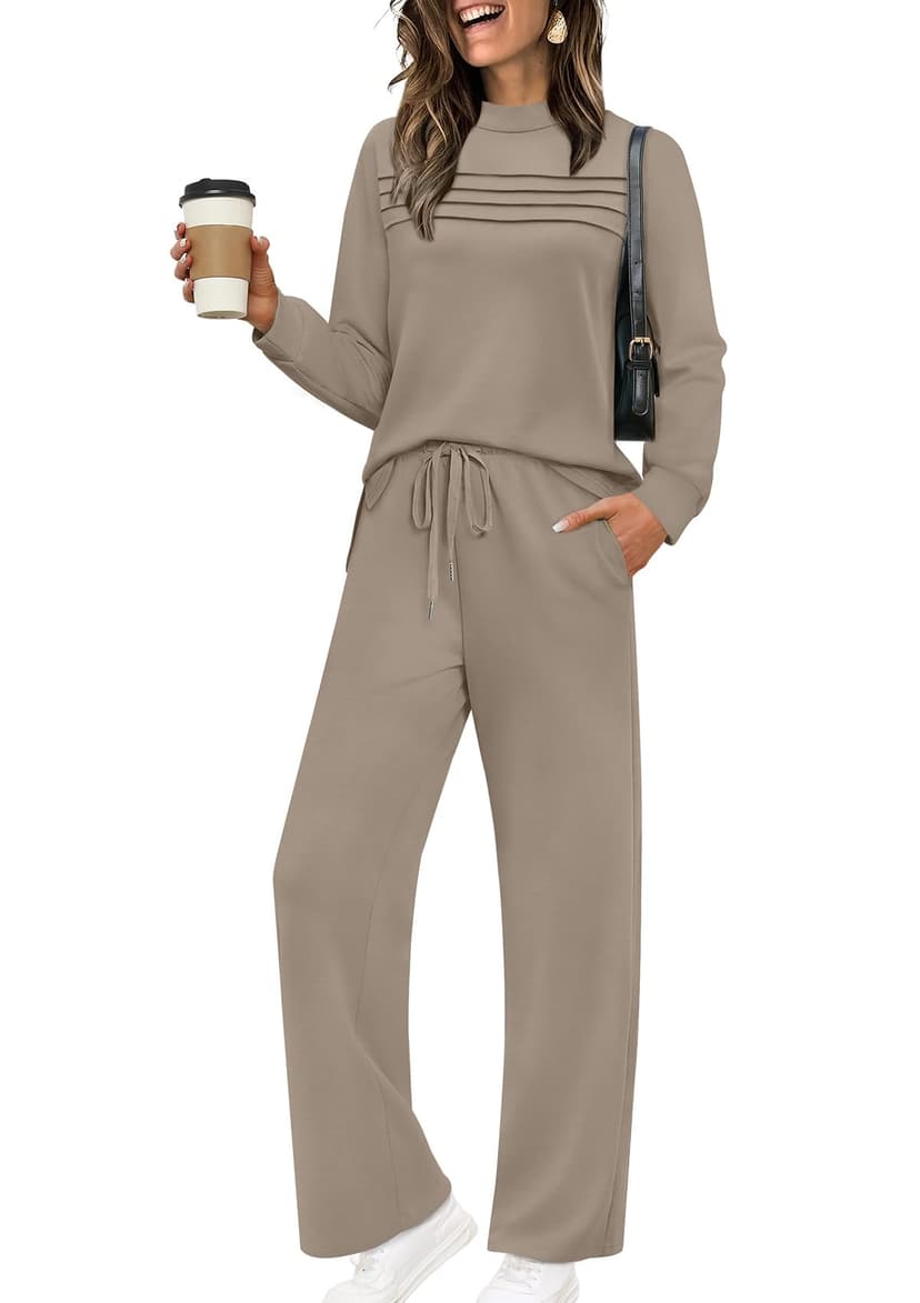 WIHOLL Two Piece Sets for Women Spring Travel Vacation Outfits 2026 Long Sleeve Lounge Sets Side Slit Wide Leg Pants S-3XL