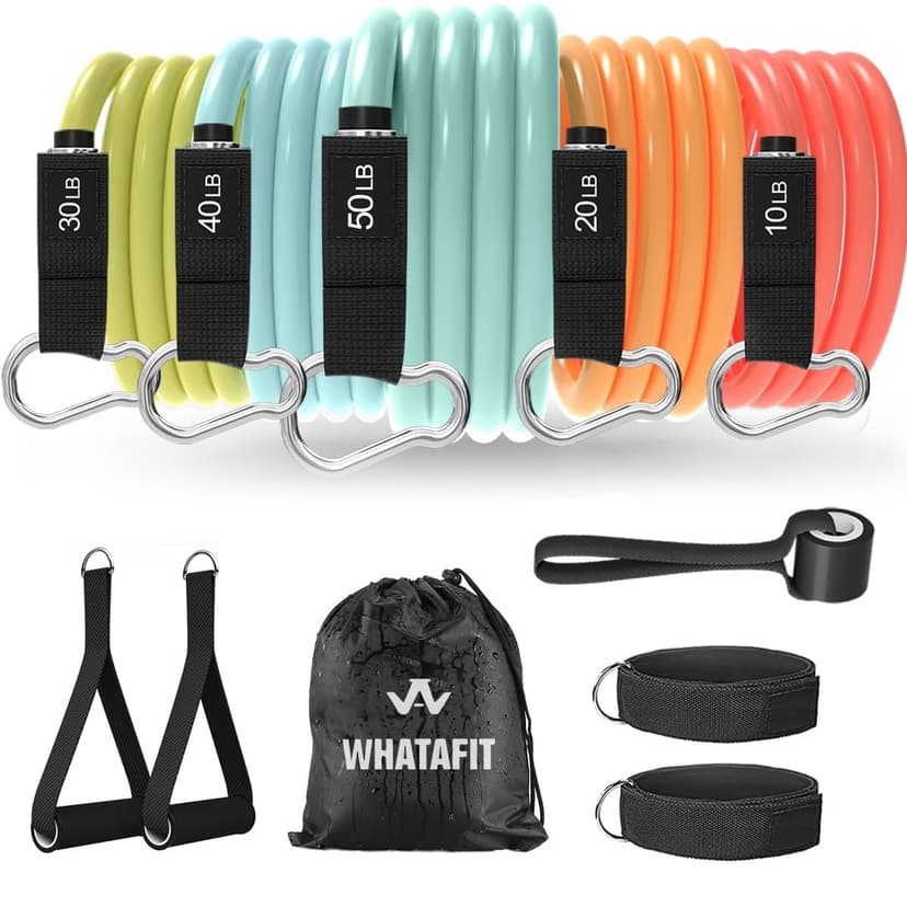 WHATAFIT Resistance Bands with Handles, 5-Level Exercise Bands for Workout | Natural latex,10-50 lbs, stackable to 150,Ankle Straps, Door Anchor,Guide. For Strength, Yoga,Home Gym,Travel & Workout.