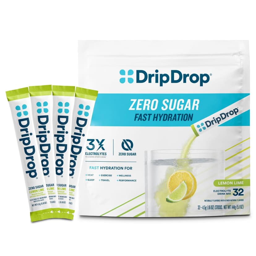 DripDrop Hydration Sugar Free Electrolyte Packets, Lemon Lime, 32 Count | Zero Sugar Single Serve Powder Drink Mix; 3X Electrolytes, Vitamin C, B Vitamins, Magnesium, Zinc; Portable for Daily Use