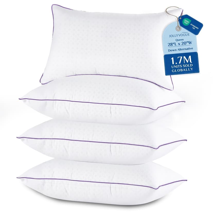 JOLLYVOGUE Pillows Queen Size Set of 4, Washable Supportive Firm Bed Pillows with Oeko-Tex Certified Soft Down Alternative Fill, Luxury Hotel Quality for Side, Back, and Stomach Sleepers