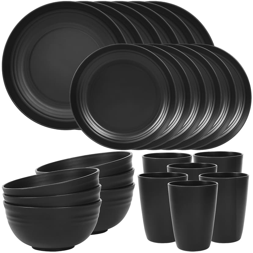 Quatish 24 Piece Plates and Bowls Sets for 6, Unbreakable Dinnerware Sets, Dish Set for Camping, Dishwasher Microwave Safe, Outdoor Kitchen and Apartment Dinning RV Essentials, Black