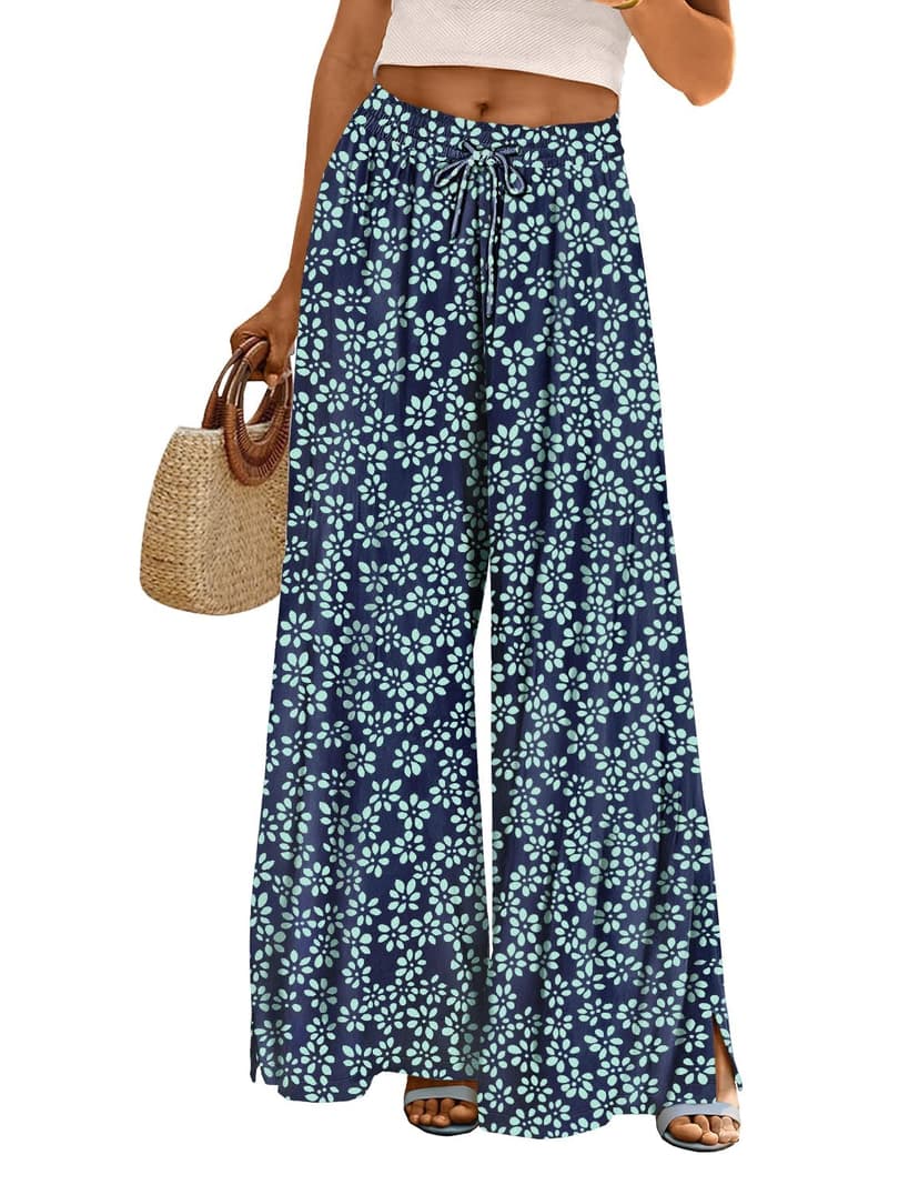 YESNO Women Summer Flowy Wide Leg Pants Drawstring Elastic Waist Casual Lounge Beach Palazzo Trouser with Pockets PPR