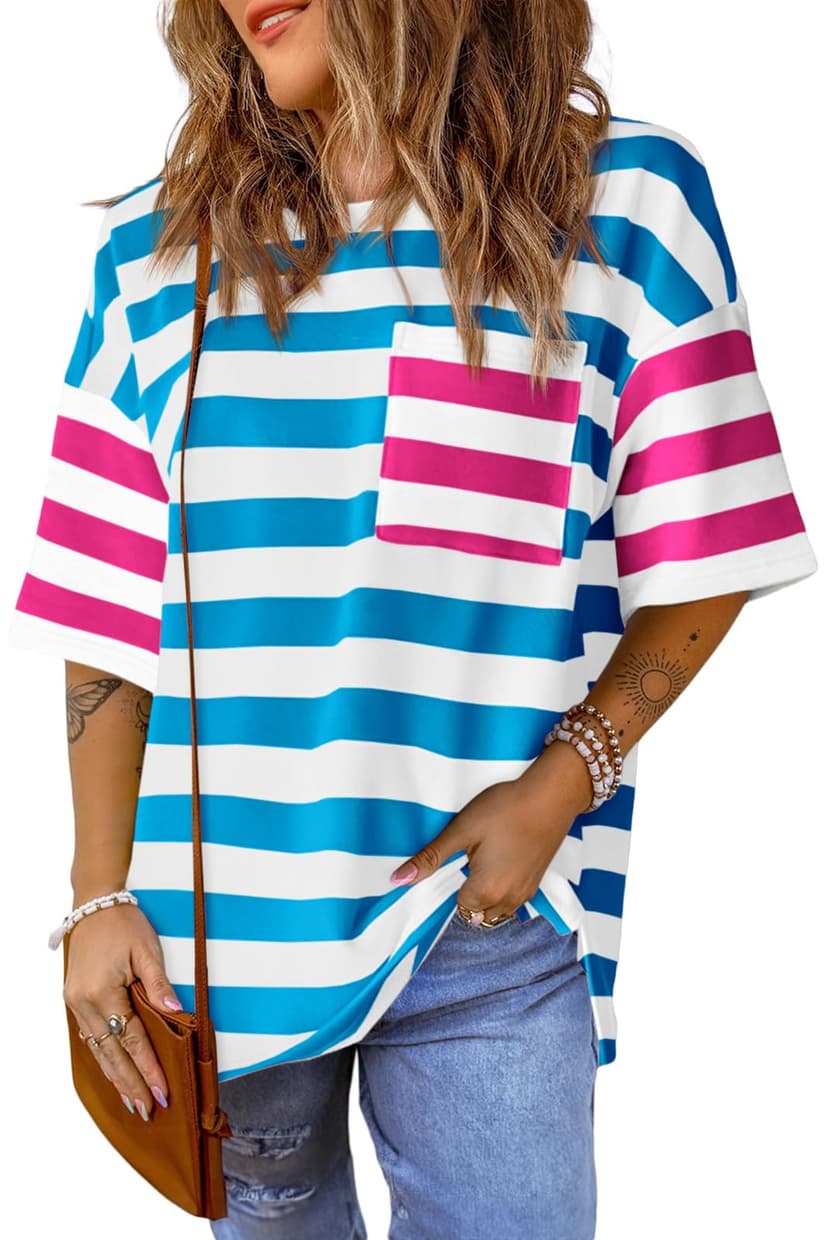 Womens Oversized Color Block Striped Tshirts Summer Casual Short Sleeve Tops Loose Fit Crew Neck Shirts