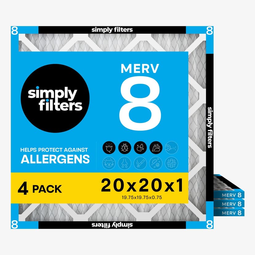 Simply 20x20x1 Air Filter, Merv 8, MPR 600, 4 Pack, Furnace Air Filter for HVAC (Actual Size: 19.75"x19.75"x0.75") DUST, Pet, & Allergy Control
