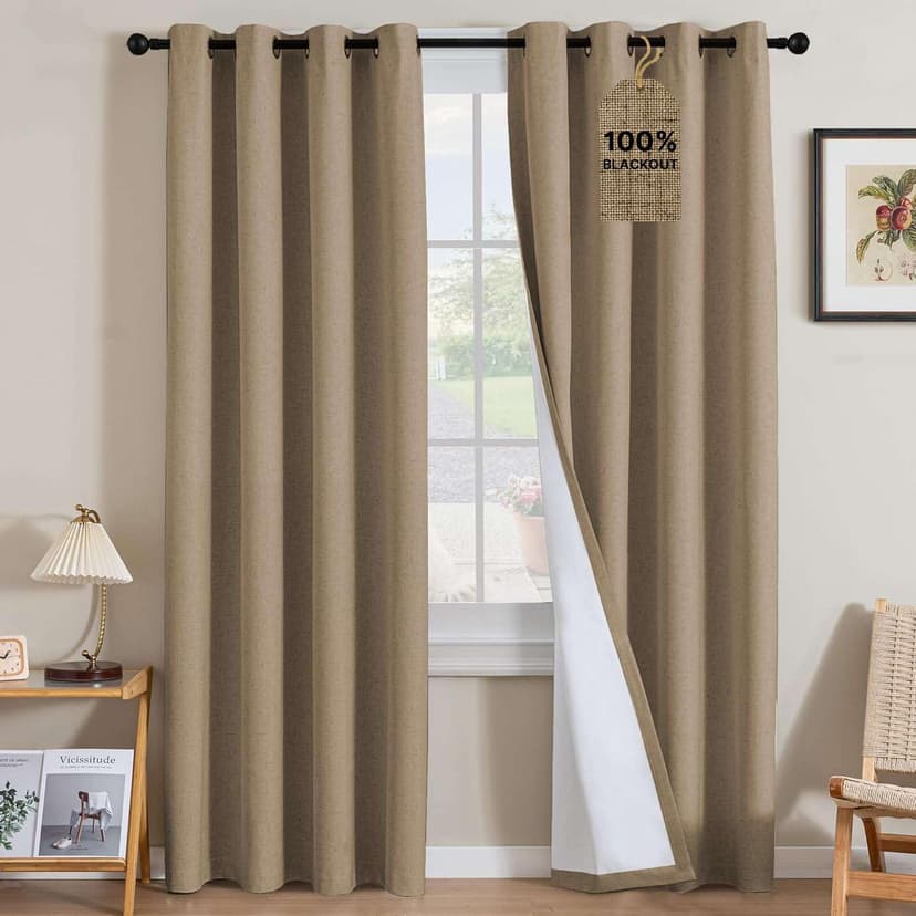 H.VERSAILTEX Linen Blend Curtains 100% Blackout Curtains for Bedroom 96 inch Long Full Light Blocking Nature Linen Blended Window Curtains for Living Room Nickel Grommet (2 Panels, Heathered Macchiato