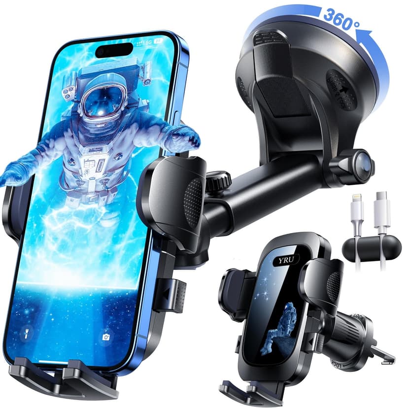 YRU True Military-Grade [360° Rotation Suction] 2026 Ultimate Car Phone Holder Mount 【90+LBS Safest Strongest & Patent Certs】 Dashboard Windshield Vent for iPhone 17 16 Pro Max Samsung,Blue Black