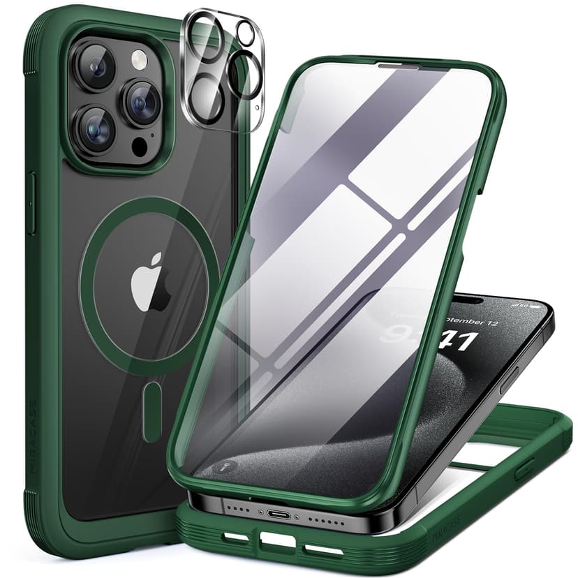 Miracase Magnetic for iPhone 12 Pro Max Case [Compatible with MagSafe] Full-Body Phone case with Built-in Glass Screen Protector& Camera Protector, Military Drop Proof 12 Pro Max Cover, Green