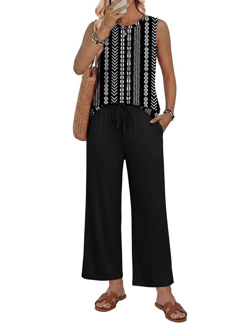 WIHOLL Two Piece Sets for Women Summer Vacation Outfits 2026 Airport Cruise Loose Sleeveless Tops Beach Fashion Clothing