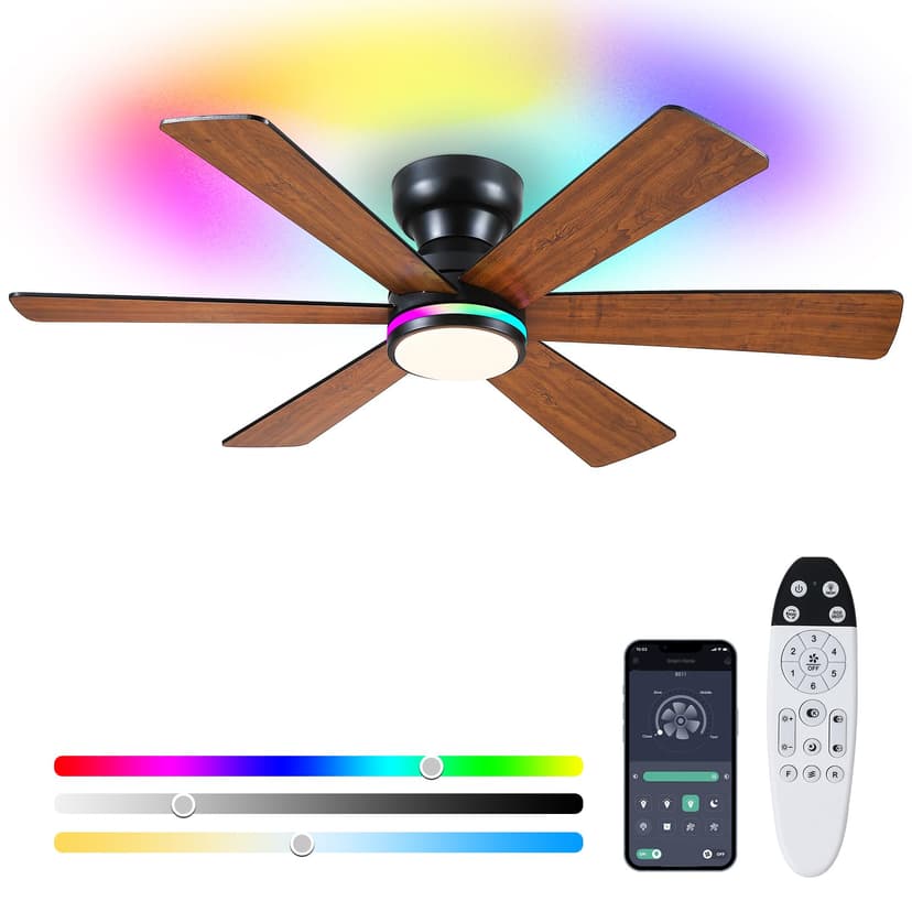 46" 6-Blade Brown Low Profile RGB Ceiling Fan with Light and Remote/APP | 11 RGB Modes,Reversible 6 Wind Speeds,Dimmable 3 CCT LED, 25W Quiet DC Motor,Timer,6 Double-Sided Blades,for Kidsroom Party