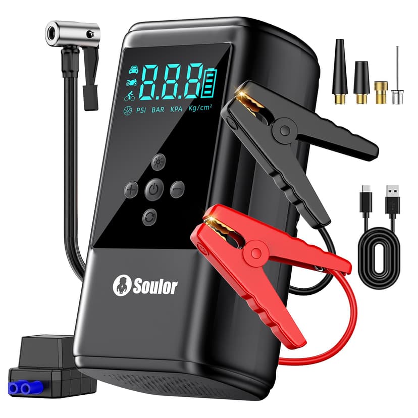 Jump Starter with Air Compressor, 6000A Car Battery Jumper Starter with 160 PSI Tire Inflator Portable, LED Display for 10L Diesel All Cars Engines, Jumper Cables and Light