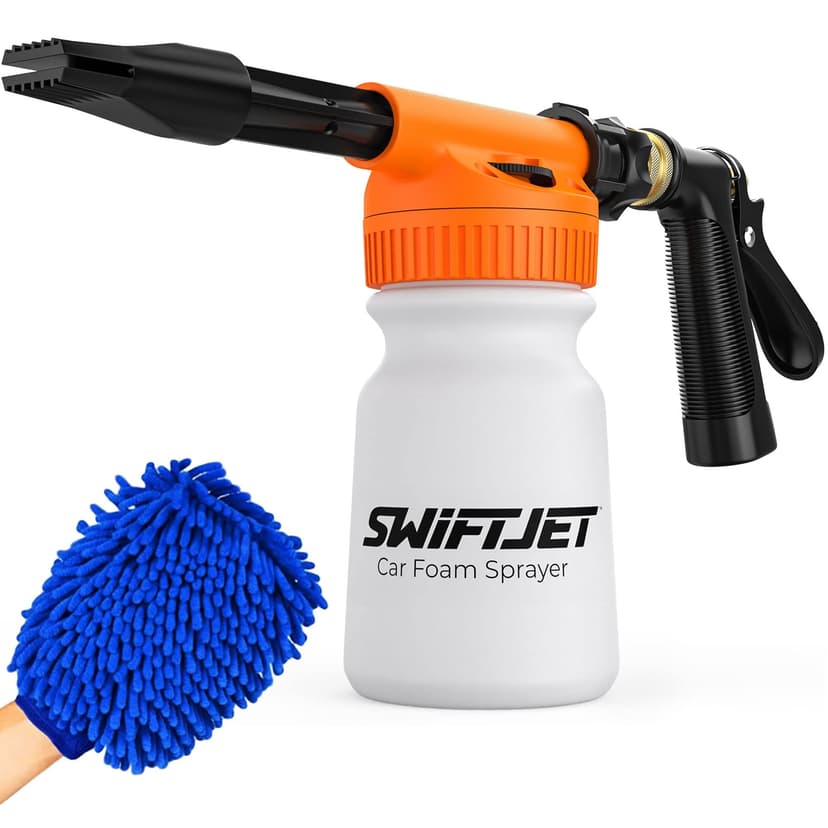 SwiftJet Car Wash Foam Gun + Microfiber Wash Mitt - Foam Cannon Works with Any Soap - Garden Hose Car Foam Sprayer - Car Wash Kit - Car Accessories Foam Blaster (Orange Foam Gun with Mitt) | No pressu
