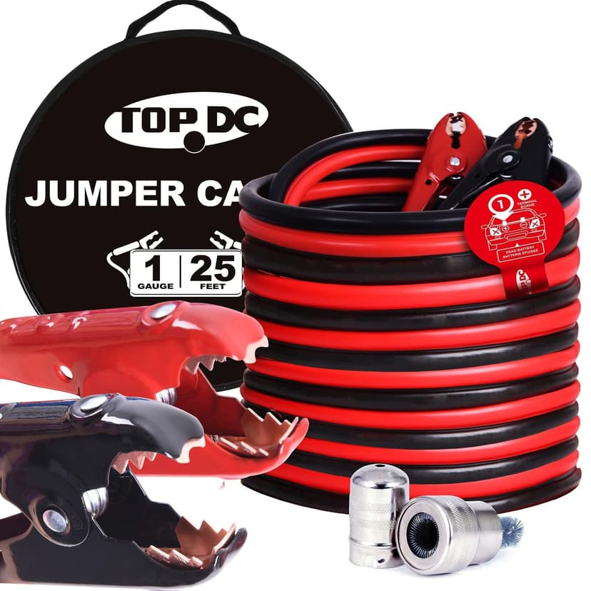 TOPDC 1 Gauge 25 Feet Heavy Duty Jumper Cables for Car, SUV, Truck | Heavy duty 1 Gauge jumper cables span 25 Feet for cars, SUVs and trucks, with a carry bag for storage.